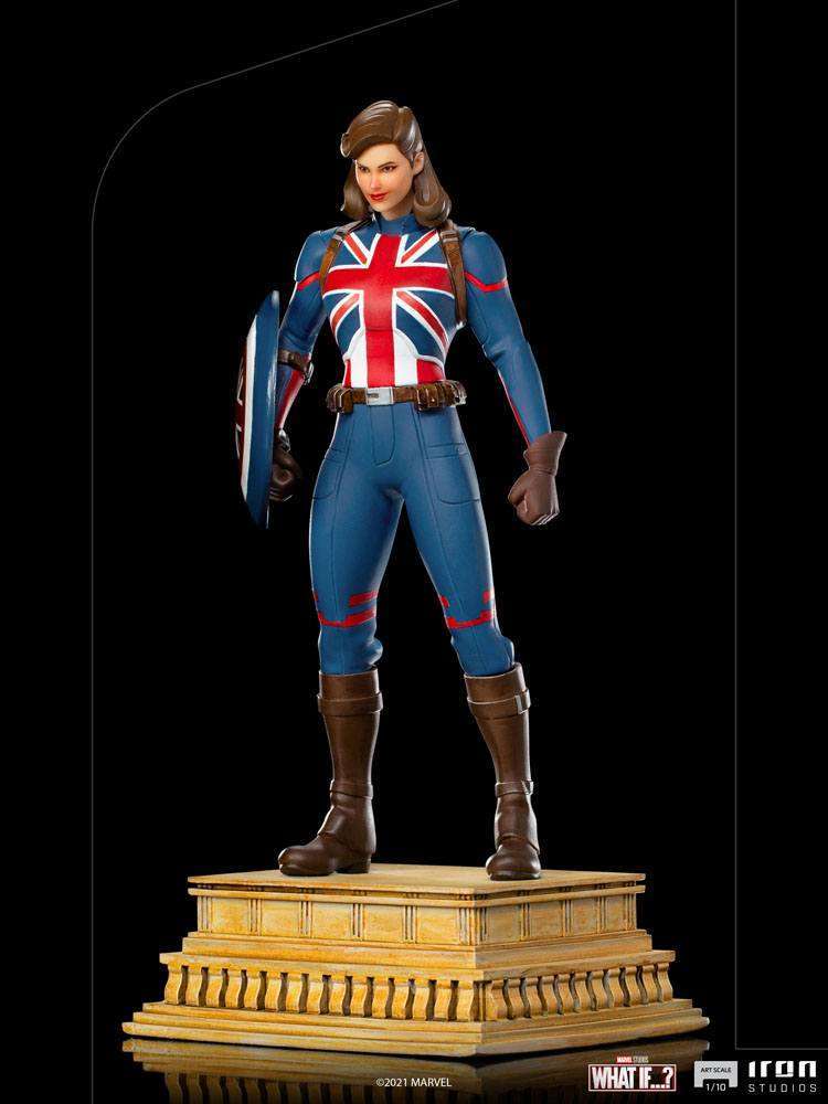 Front view of the 24 cm Iron Studios Captain Carter 1/10 scale statue featuring her iconic Union Jack suit and shield.
