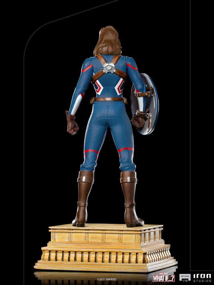 Back view of Iron Studios Captain Carter 1/10 scale statue in a blue uniform with shield on a tiered display base.