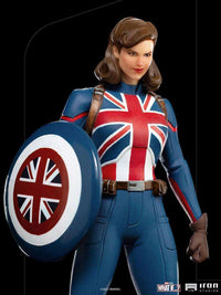 Iron Studios 1/10 Captain Carter statue featuring a detailed Union Jack suit and matching shield in a front view.