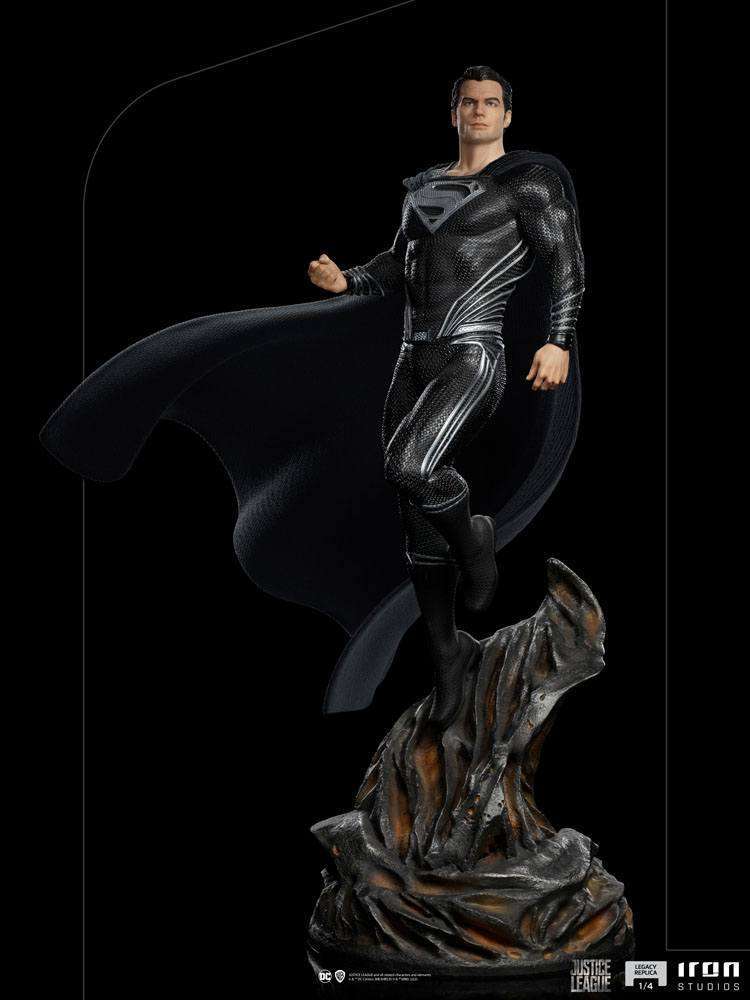 Iron Studios 1/4 scale Superman Black Suit statue from Justice League, featuring a detailed textured suit and cape.