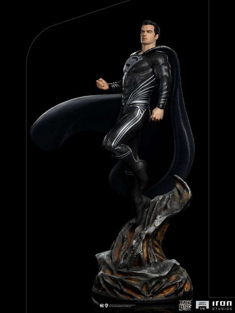 Iron Studios 1/4 scale Superman Black Suit statue from Zack Snyder's Justice League in a dynamic side profile pose.