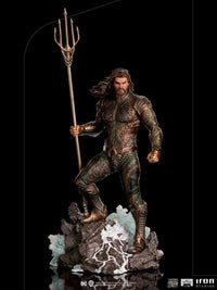Iron Studios 1/10 scale Aquaman statue from Zack Snyder's Justice League, featuring a trident on a rocky water base.