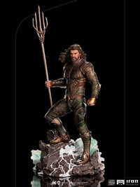 Iron Studios 1/10 Aquaman statue from Zack Snyder's Justice League, featuring a detailed trident on a rocky base.
