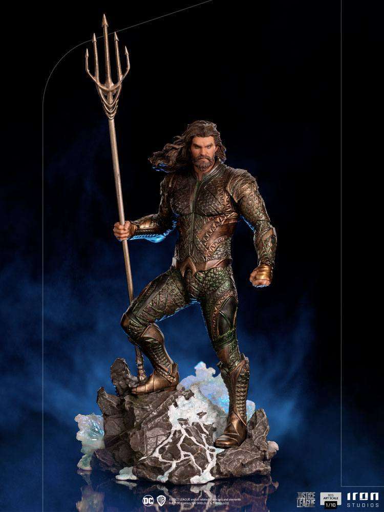 Iron Studios 1/10 scale Aquaman statue from Justice League, featuring a detailed trident and rocky, water-effect base.