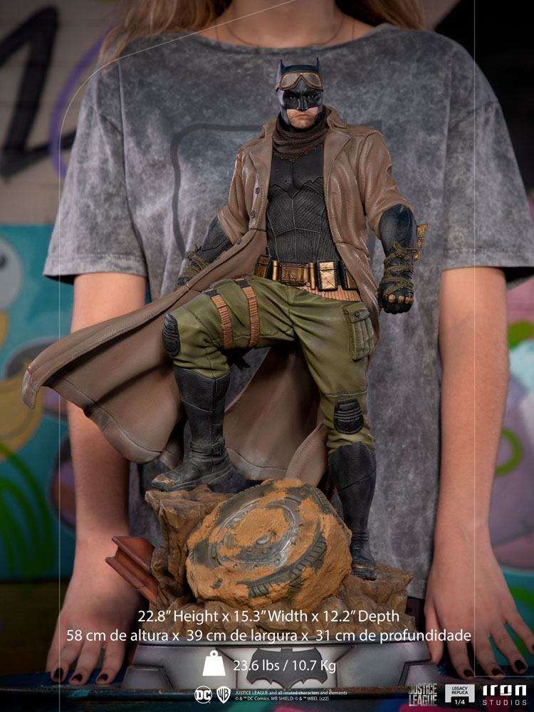 Iron Studios 1/4 scale Batman Knightmare statue from Justice League, featuring a brown trench coat and desert gear.