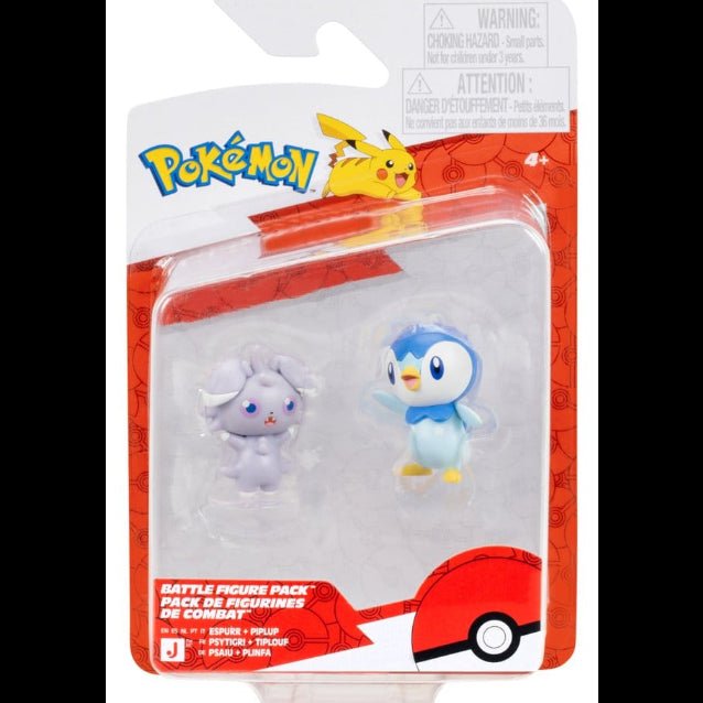 Jazwares Pokémon Battle Figure 2-Pack featuring small Espurr and Piplup figures in original blister packaging.