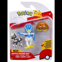 Jazwares Pokémon Battle Figure 3-Pack featuring Blitzle, Quaxwell, and Kabuto in original blister packaging.