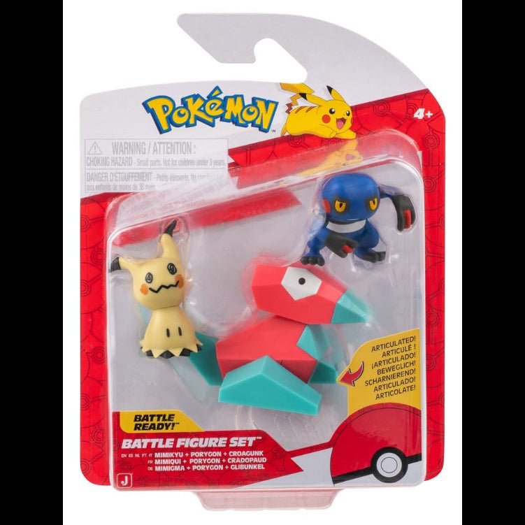 Jazwares Pokémon Battle Figure 3-Pack featuring Mimikyu, Porygon, and Croagunk in original blister packaging.