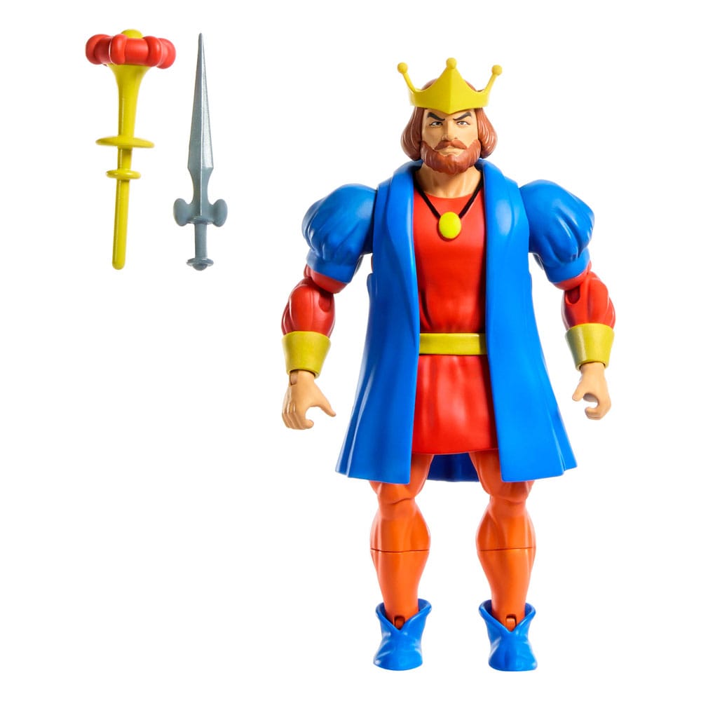 Mattel Masters of the Universe Origins King Randor action figure in blue and red royal attire with crown, staff, and sword.