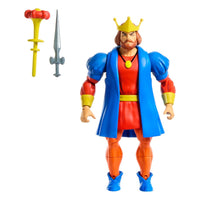 Mattel Masters of the Universe Origins King Randor action figure in blue and red royal attire with crown, staff, and sword.