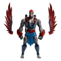 Mattel Masters of the Universe Origins Stratos action figure with detachable red wings, blue loincloth, and goggles.