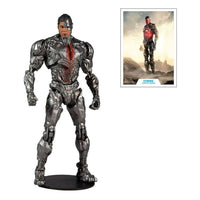 McFarlane DC Justice League Cyborg 18 cm action figure with metallic silver armor and included collector card.