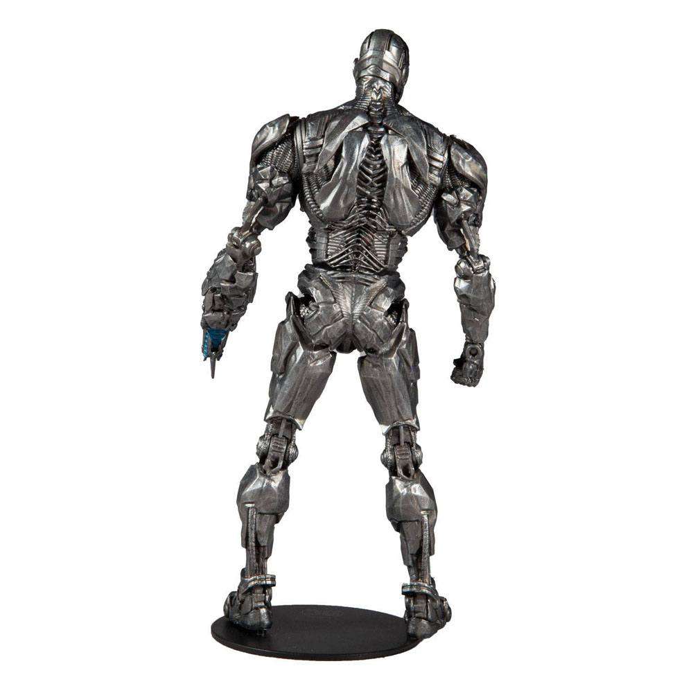Back view of the 18 cm McFarlane DC Justice League Cyborg action figure with detailed metallic silver armor.