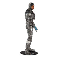 Side view of the 18 cm McFarlane DC Justice League Cyborg action figure with metallic silver cybernetic armor.