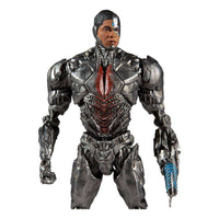 Front view of 18 cm McFarlane DC Justice League Cyborg action figure with metallic silver armor and blue light details.