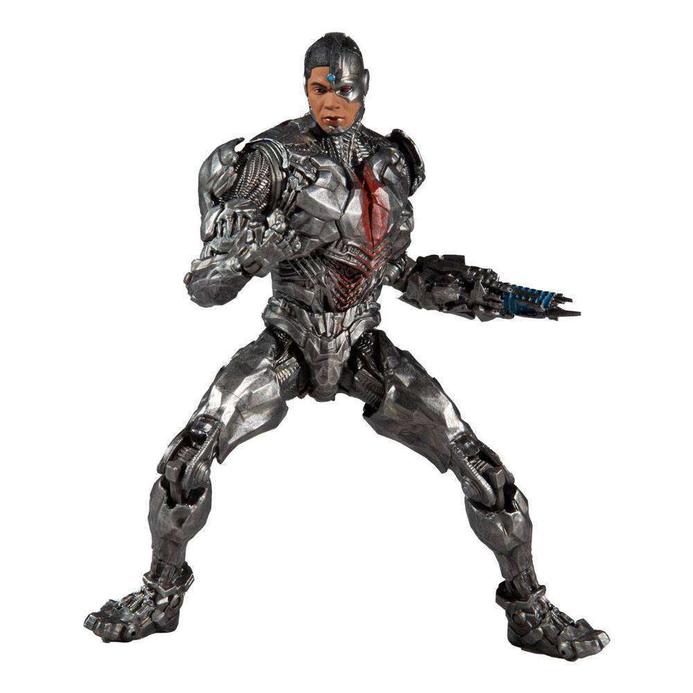 McFarlane DC Justice League Cyborg 18 cm action figure in a dynamic combat pose with metallic silver armor and blue light.