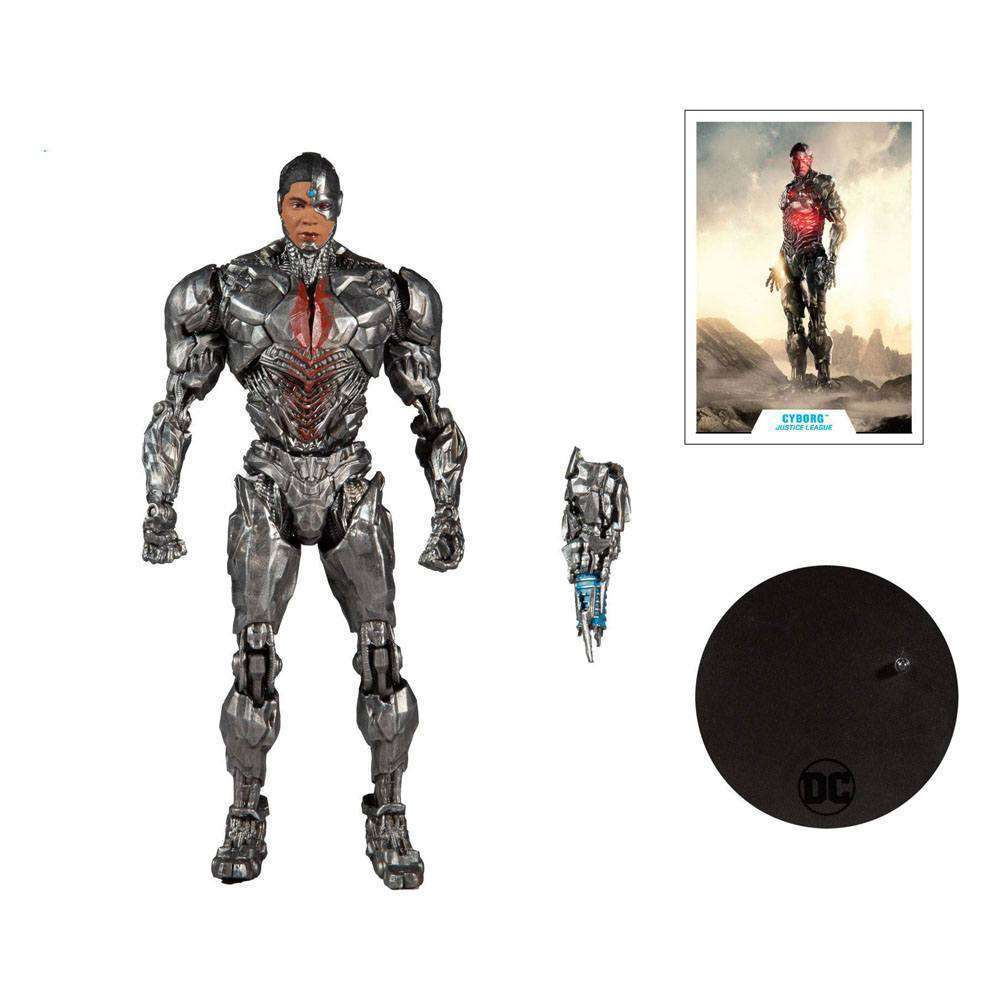 McFarlane DC Justice League Cyborg 18 cm action figure with metallic armor, interchangeable arm, base, and art card.
