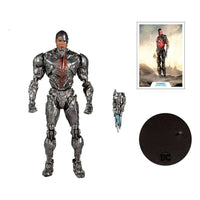 McFarlane DC Justice League Cyborg 18 cm action figure with metallic armor, interchangeable arm, base, and art card.