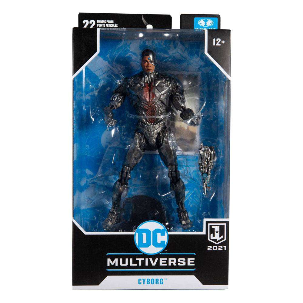McFarlane DC Justice League Cyborg 18 cm action figure in window box packaging with metallic silver cybernetic details.