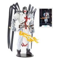 McFarlane DC Multiverse Azrael Suit of Sorrows figure in white armor with a flaming sword and black wing attachments.