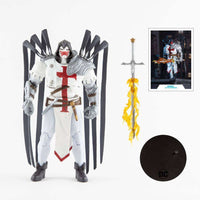 McFarlane DC Multiverse Azrael Suit of Sorrows action figure with flaming sword, display base, and collector card.