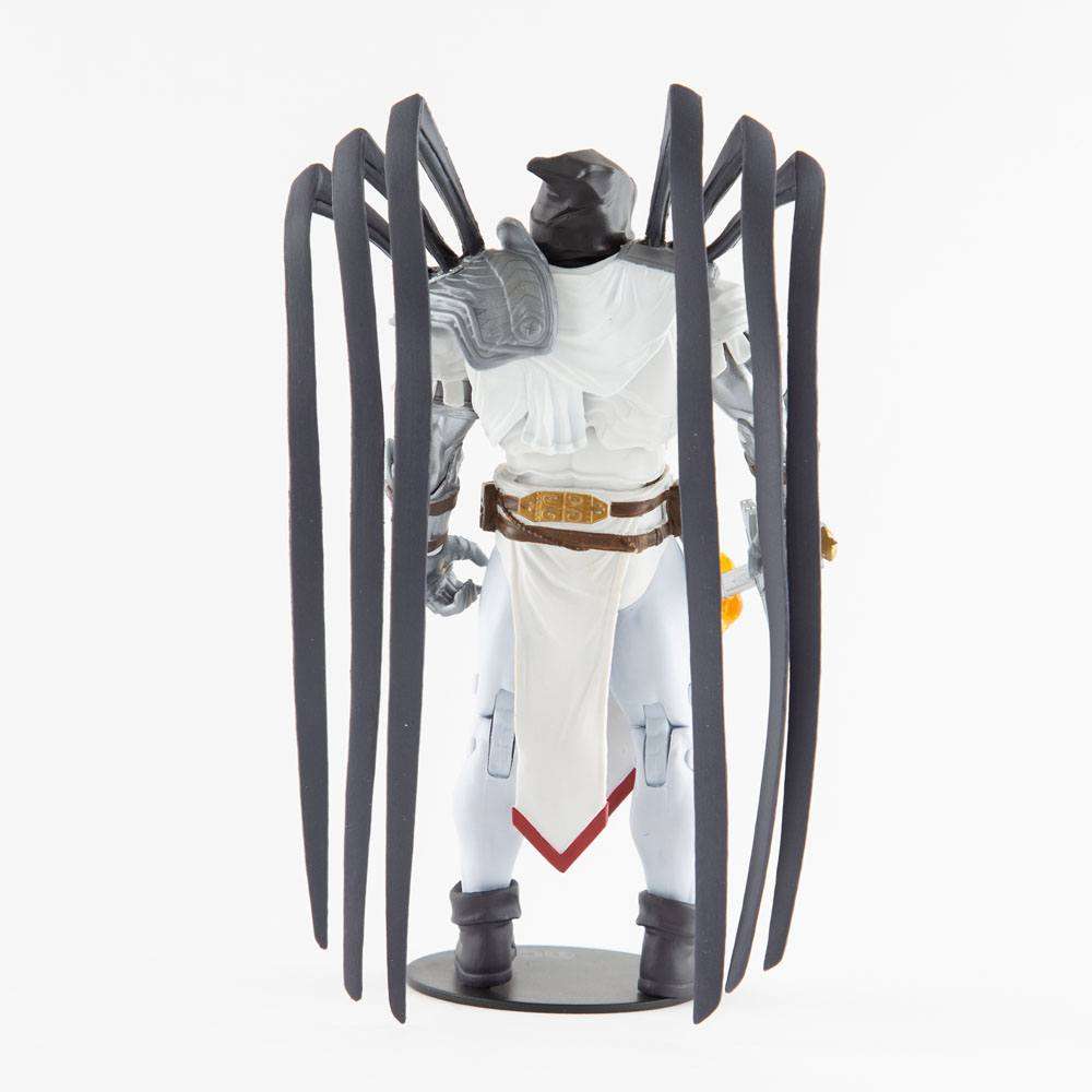 Back view of McFarlane DC Multiverse Azrael Suit of Sorrows figure with large black wings and white armored suit.