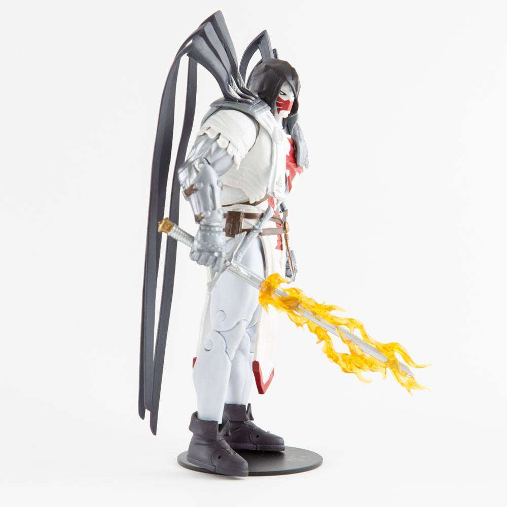 Side view of McFarlane DC Multiverse Azrael Suit of Sorrows figure in white armor with a flaming sword and black wings.