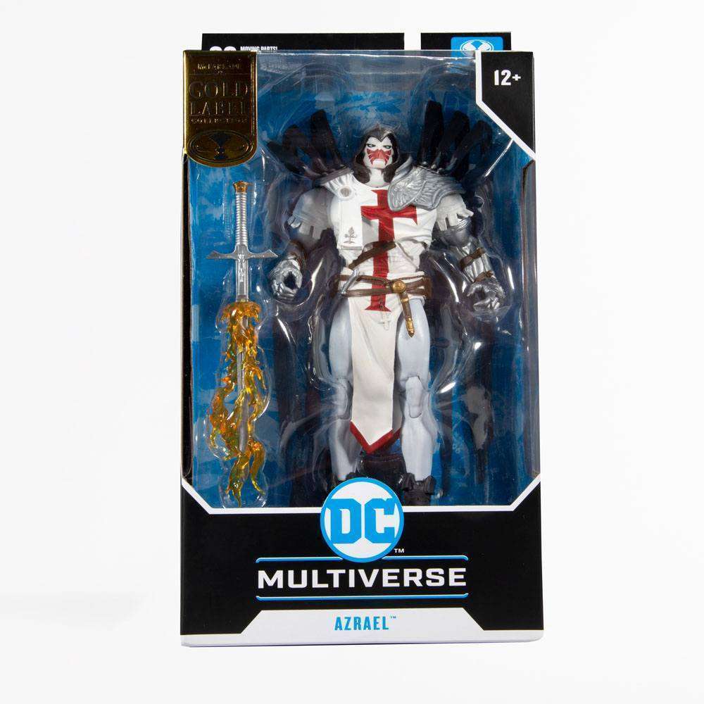 McFarlane DC Multiverse Azrael Suit of Sorrows Gold Label action figure in window box packaging with sword accessory.