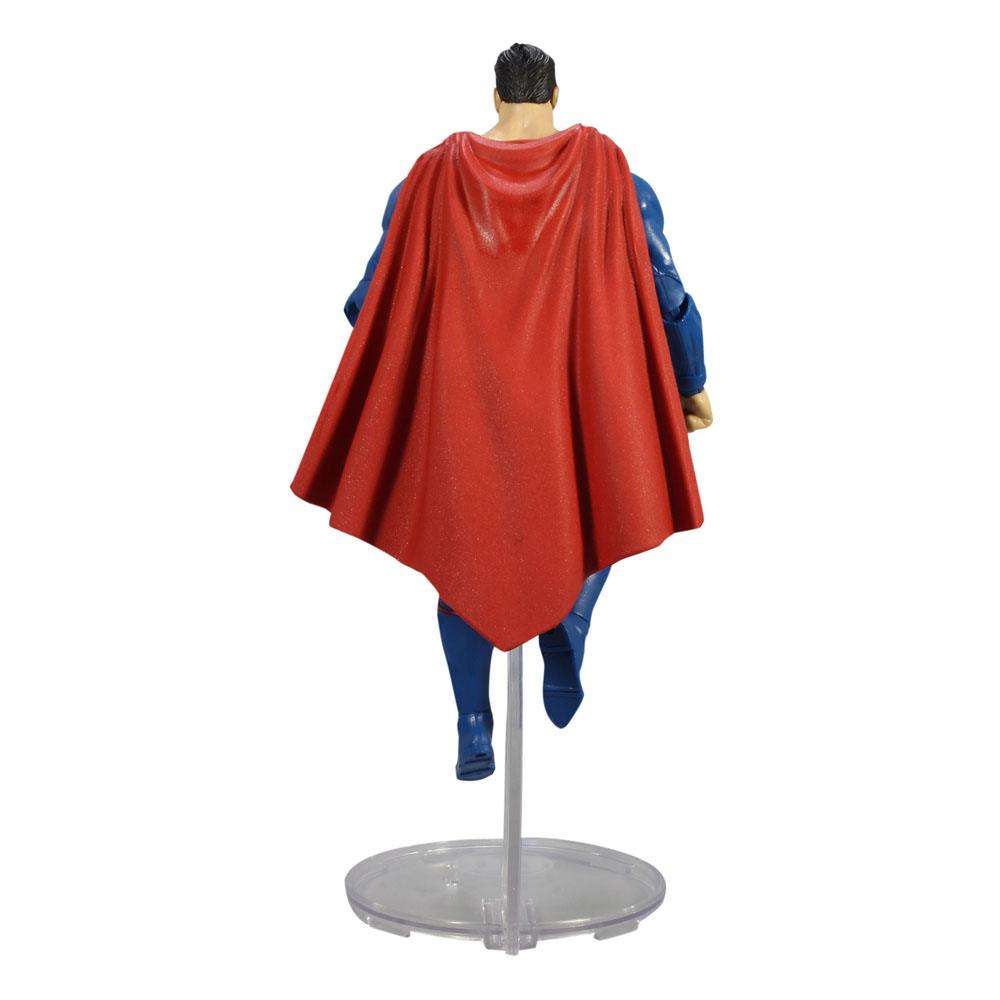 Back view of 18 cm McFarlane DC Multiverse Superman Rebirth action figure with a flowing red cape on a display stand.