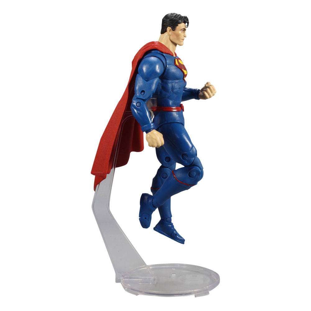Side view of the 18 cm McFarlane DC Multiverse Superman Rebirth action figure in a flying pose on a clear stand.