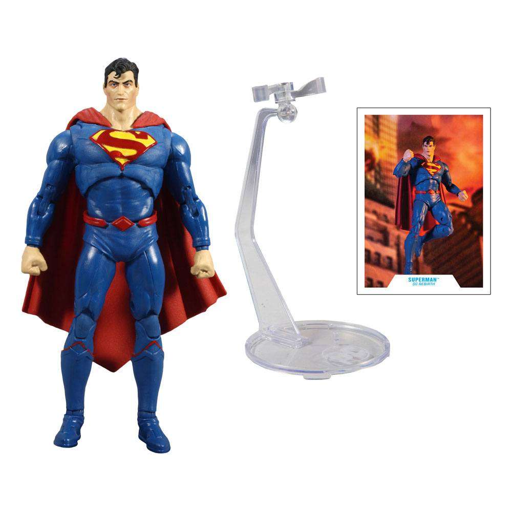 McFarlane DC Multiverse Superman DC Rebirth 18cm action figure with display stand and collectible character card.