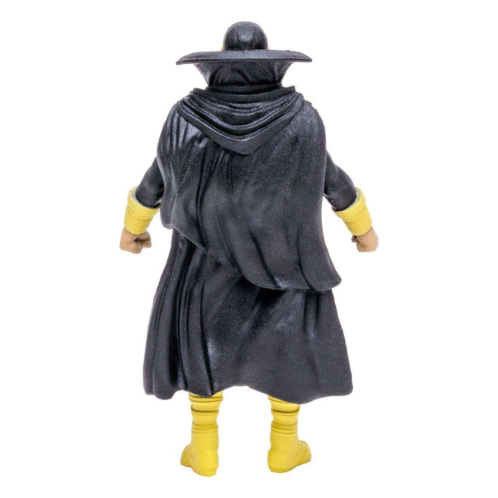 Back view of McFarlane Black Adam Endless Winter action figure in a black hooded cape with yellow boots and wrist cuffs.