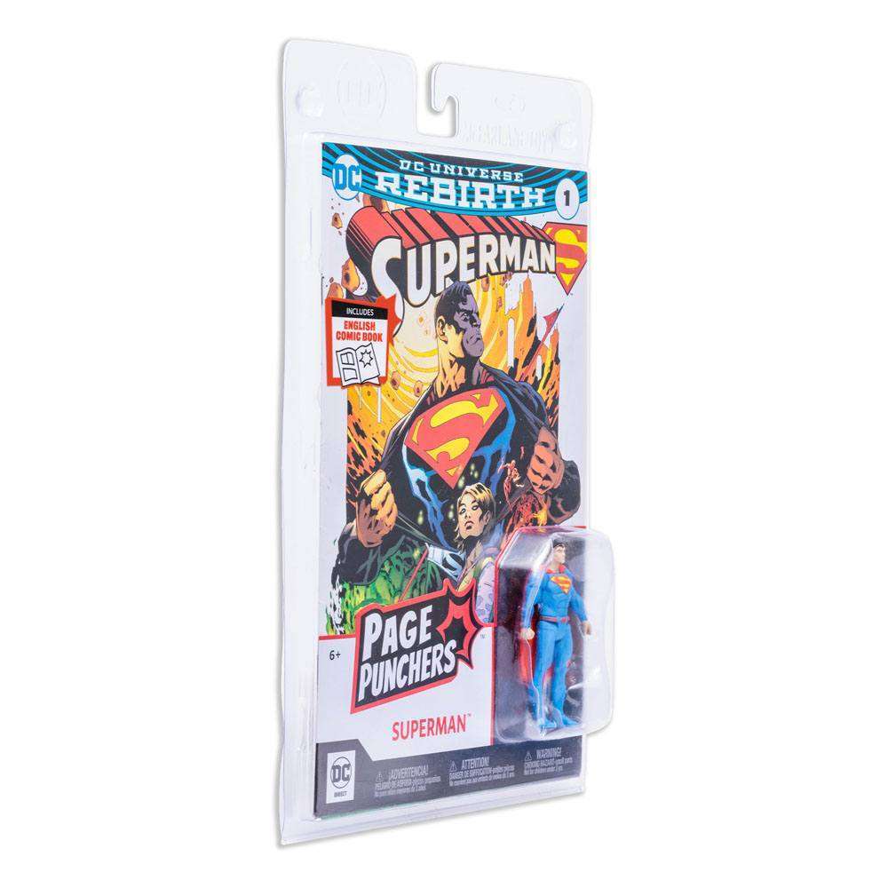 McFarlane DC Page Punchers Superman Rebirth 8 cm action figure in original blister packaging with comic book art.