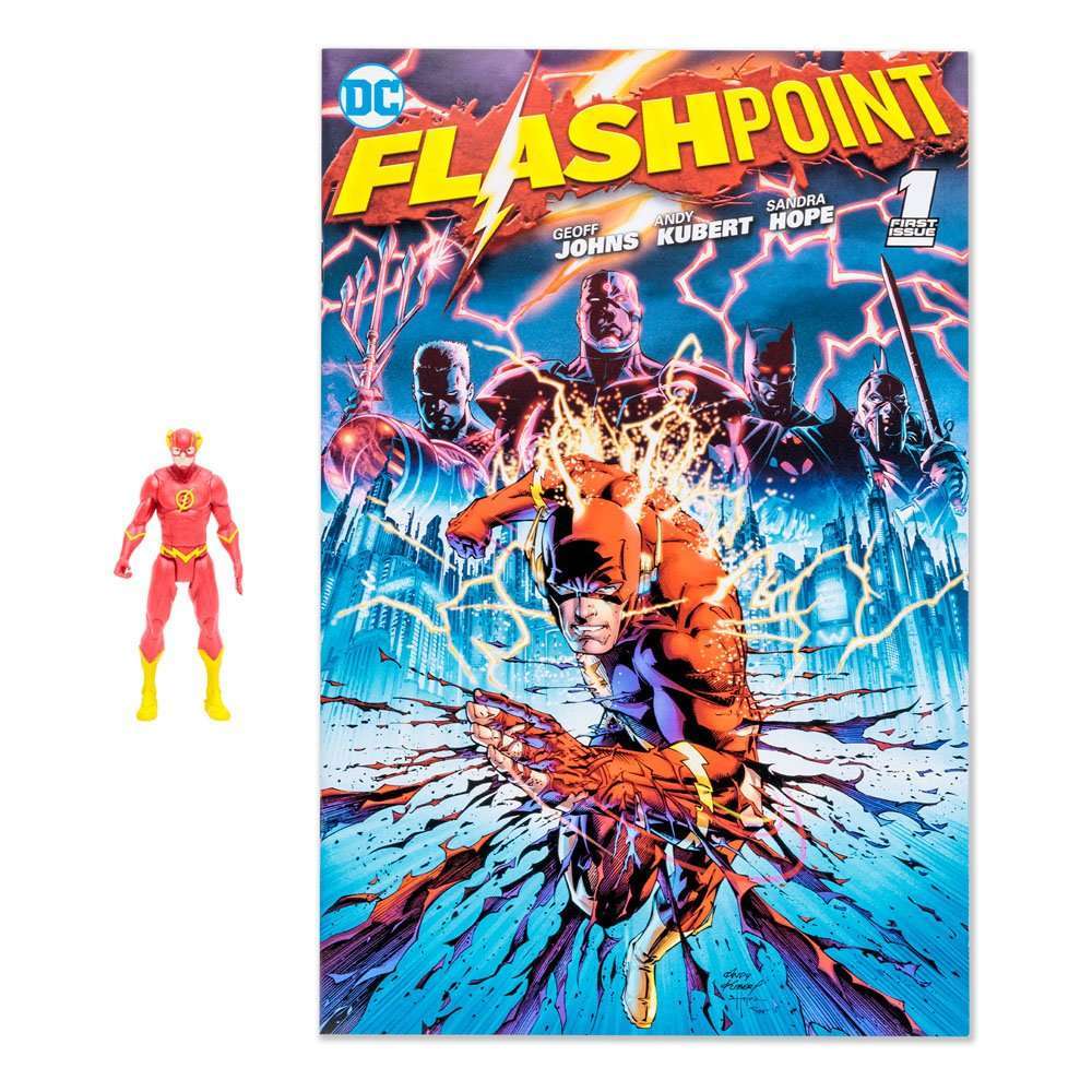 McFarlane DC Page Punchers Flashpoint Flash action figure next to the included Flashpoint comic book cover.