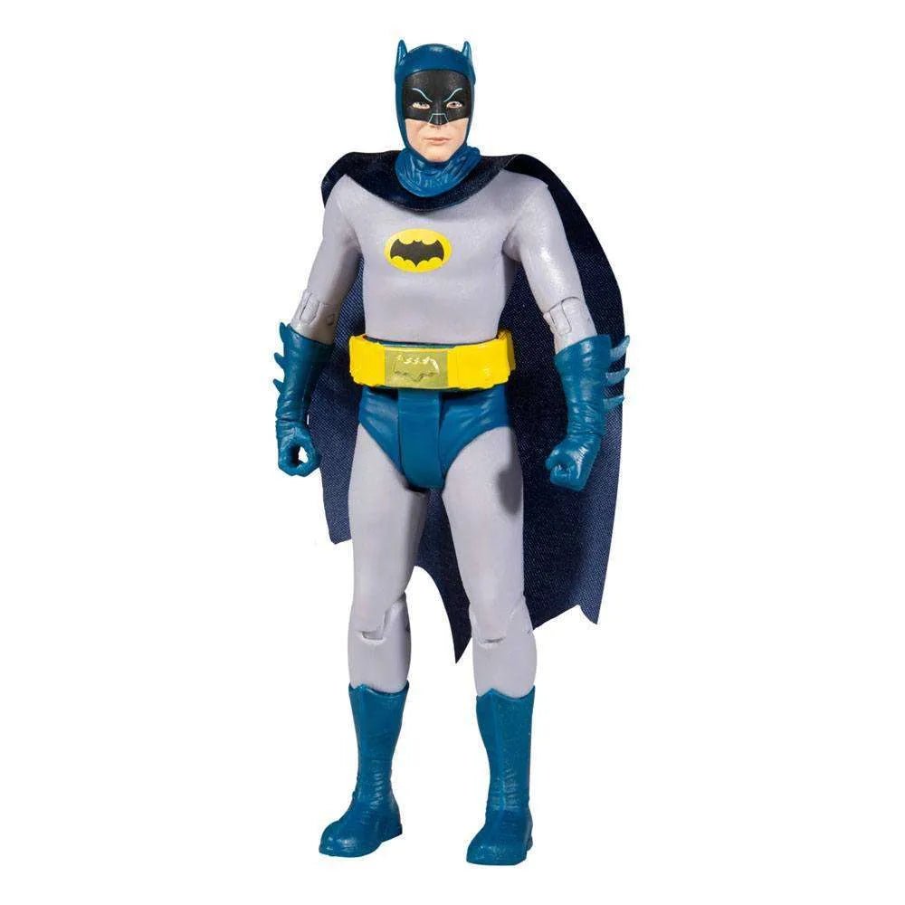 McFarlane DC Retro 15 cm Batman 66 action figure in a gray suit with blue cowl, cape, gloves, boots, and yellow belt.