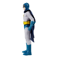 Side view of a 15 cm McFarlane DC Retro Batman 66 action figure in a grey suit with a blue cowl, cape, and yellow belt.
