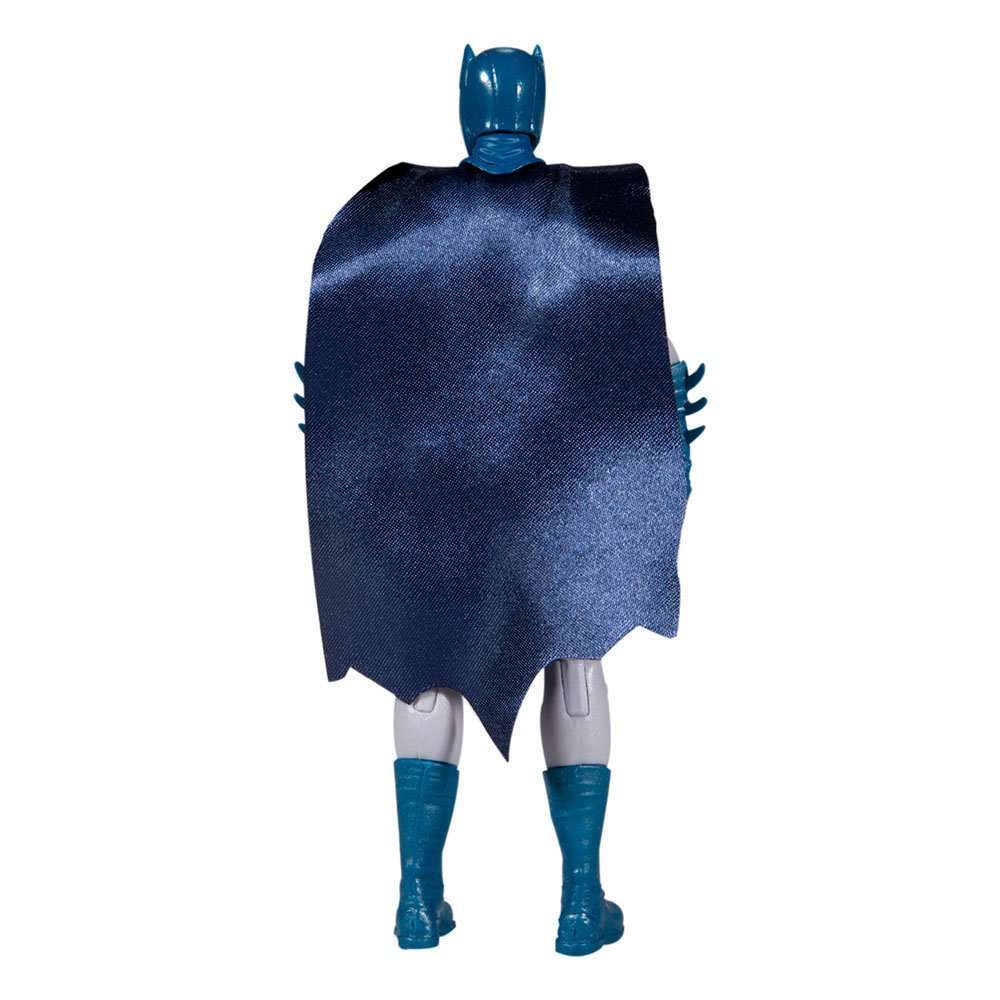 Back view of 15 cm McFarlane DC Retro Batman 66 figure featuring a shiny blue fabric cape and blue plastic boots.