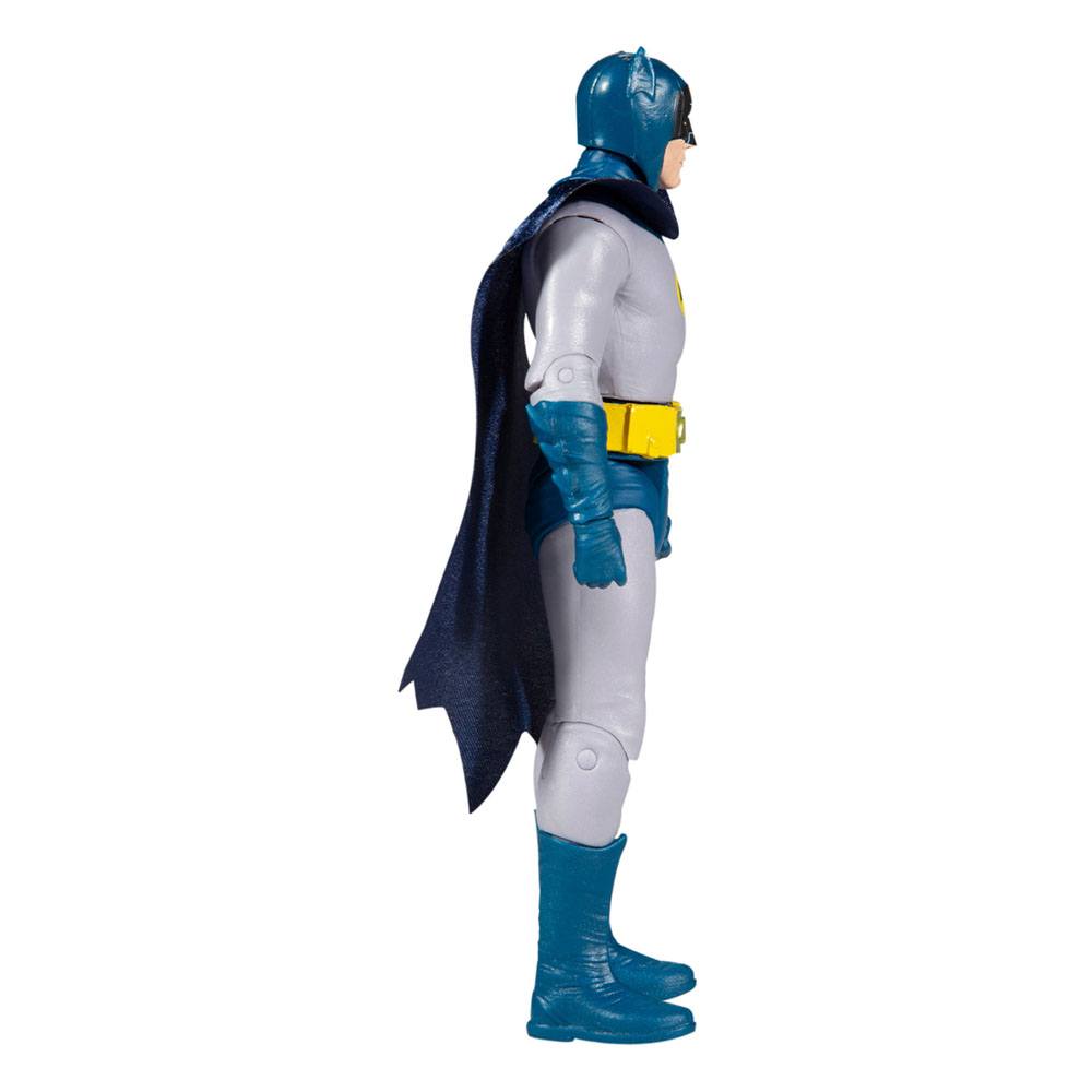 Side view of a 15 cm McFarlane DC Retro Batman 66 action figure in a blue and grey suit with a yellow utility belt.