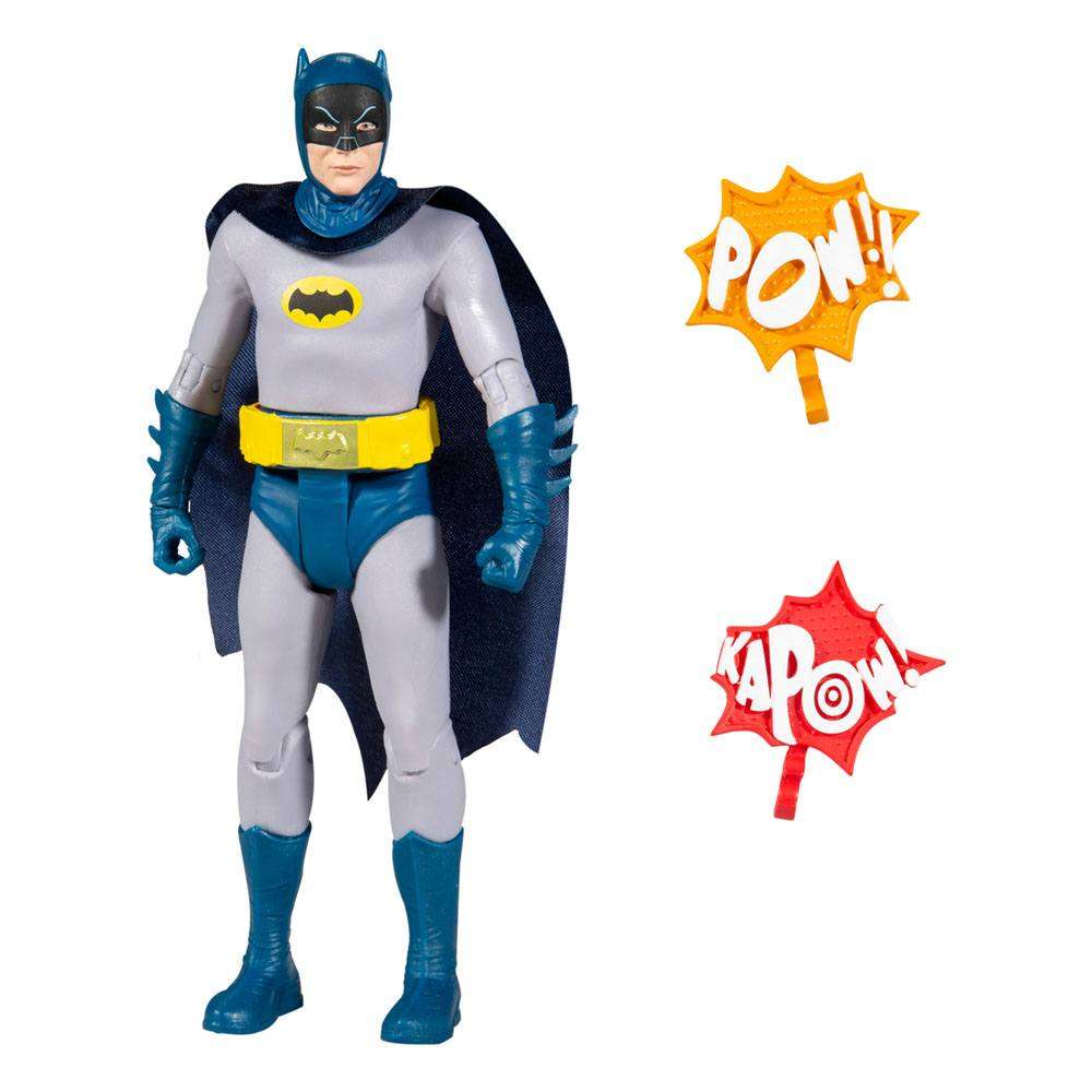 McFarlane DC Retro 15 cm Batman 66 action figure in grey and blue suit with yellow utility belt and two comic sound effects.
