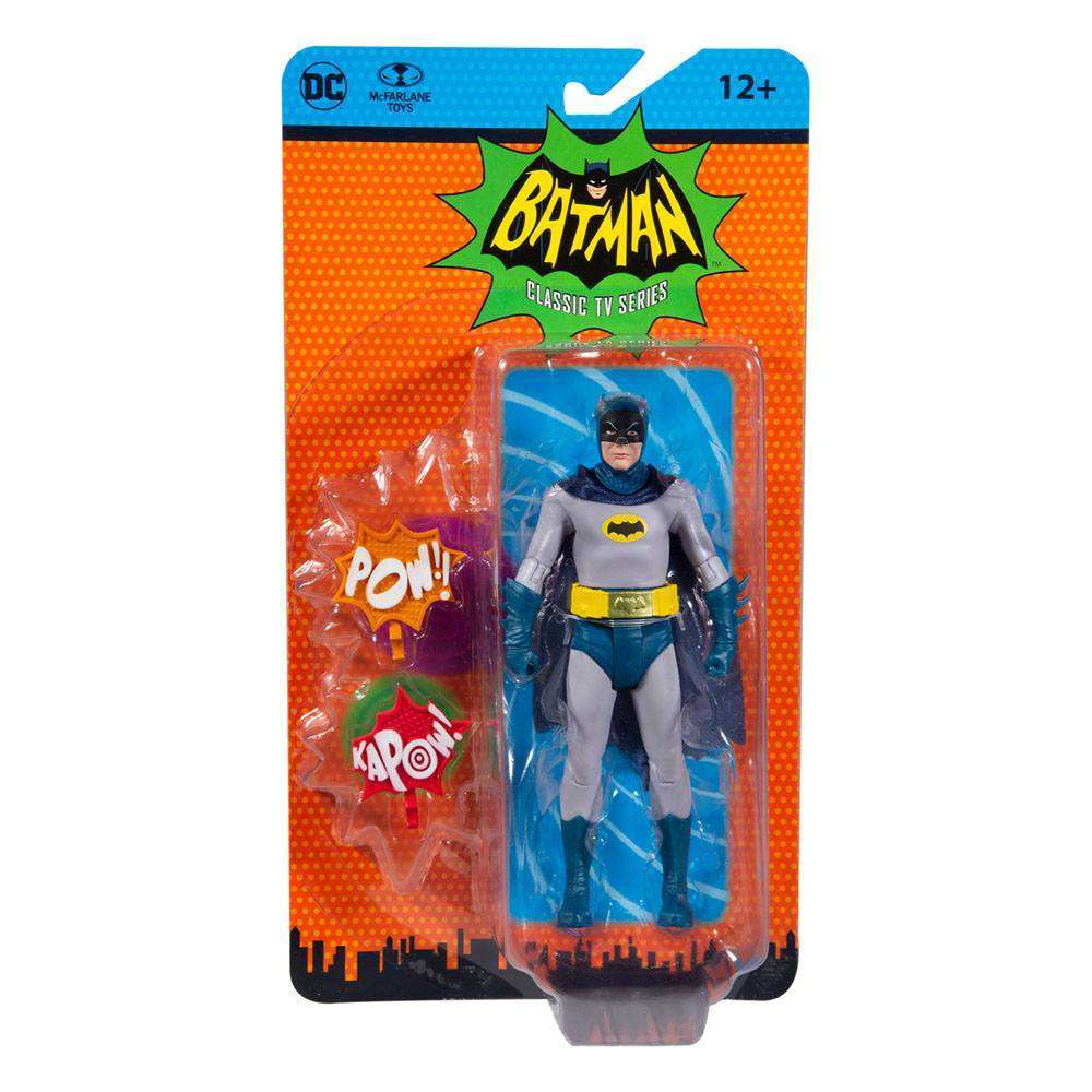 McFarlane DC Retro Batman 66 action figure in blister packaging with two comic-style sound effect accessories.