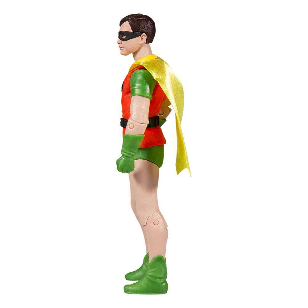 Side view of McFarlane DC Retro Batman 66 Robin 15 cm action figure with yellow cape and classic red and green suit.