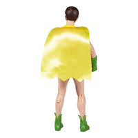 Back view of McFarlane DC Retro Batman 66 Robin 15 cm action figure with a yellow fabric cape and green boots.