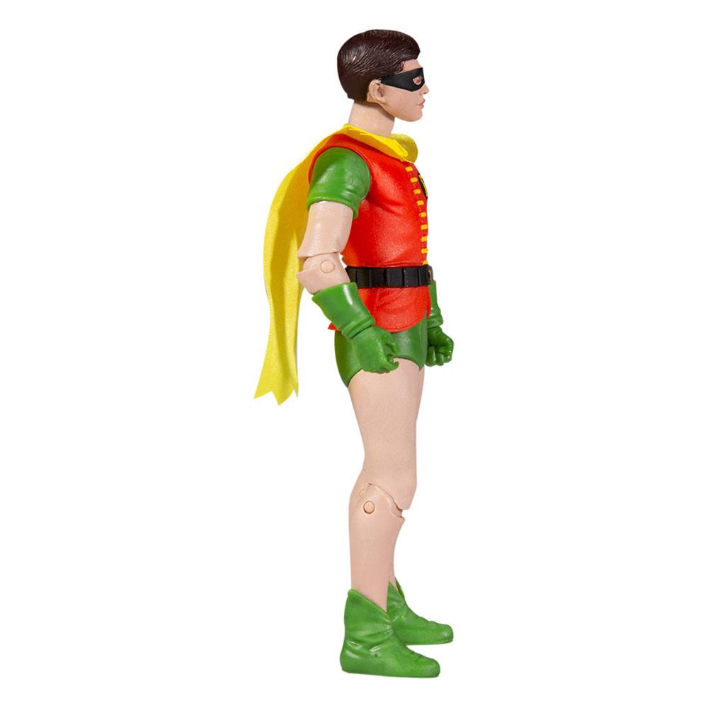 Side view of McFarlane DC Retro Batman 66 Robin 15 cm action figure in classic red, green, and yellow fabric cape.