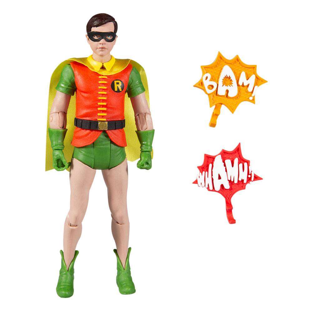McFarlane DC Retro 15 cm Robin action figure in classic costume with two comic-style BAM and WHAM sound effect accessories.