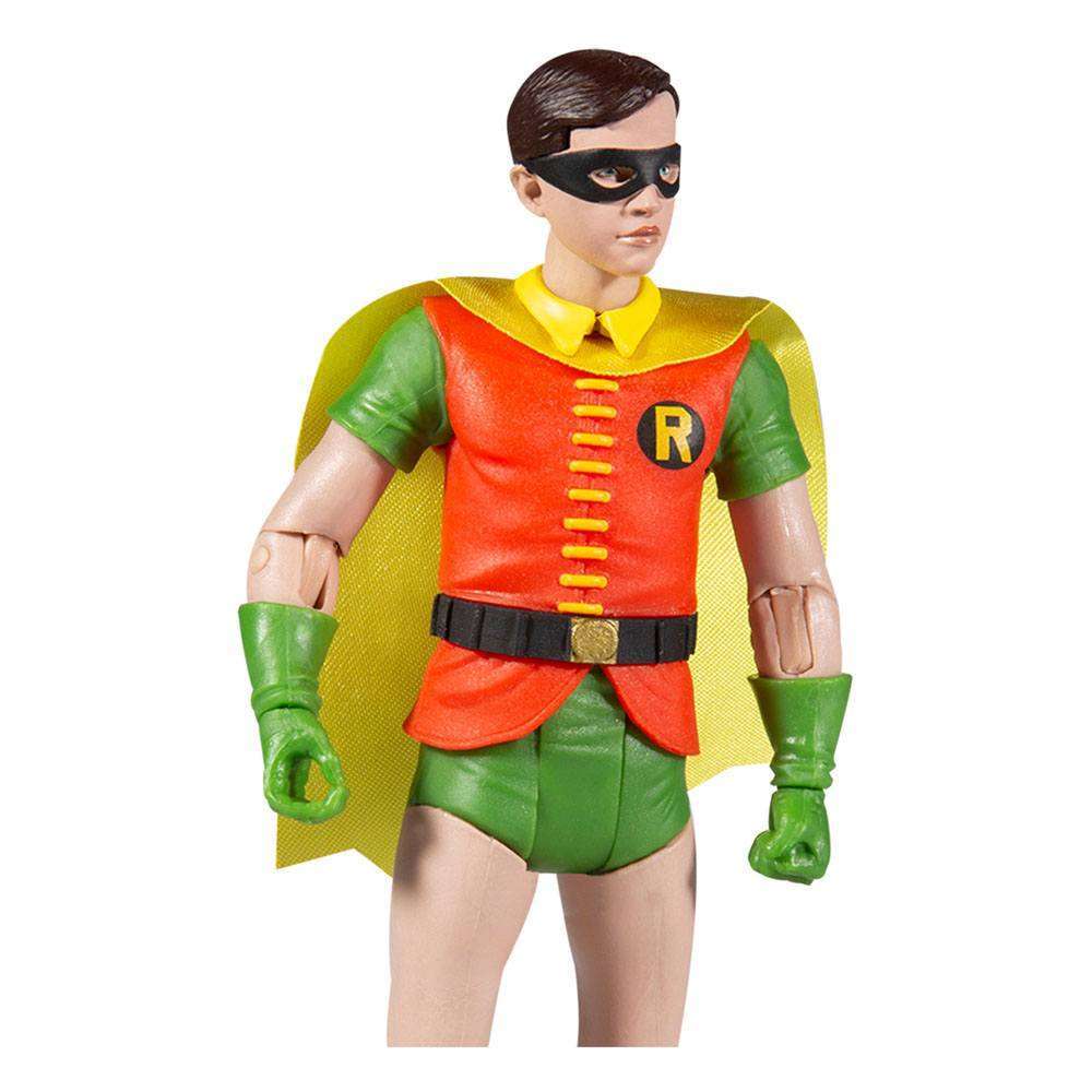 McFarlane DC Retro 15 cm Robin action figure wearing his classic red, green, and yellow costume with a yellow cape.