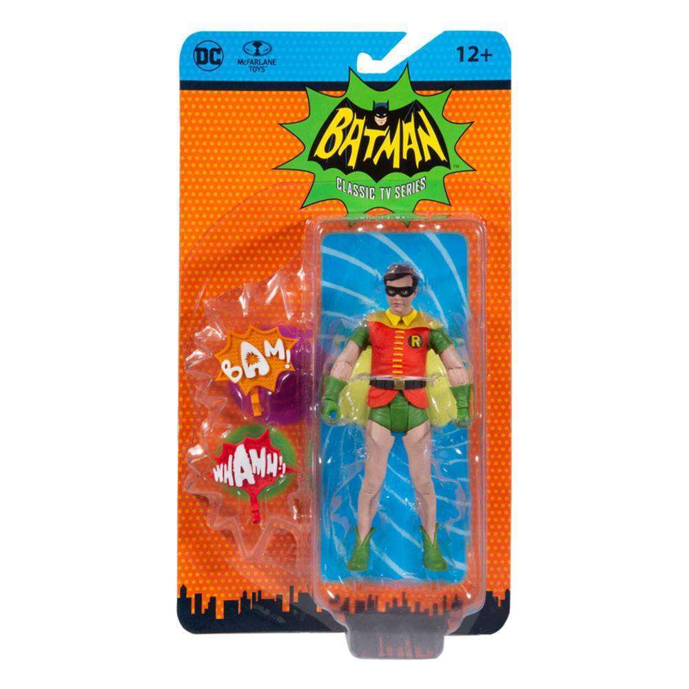 McFarlane DC Retro Batman 66 Robin 15 cm action figure in blister packaging with Bam and Wham comic sound effects.
