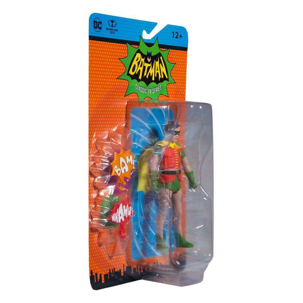 McFarlane DC Retro Batman 66 Robin 15 cm action figure in colorful blister packaging with comic-style sound effects.