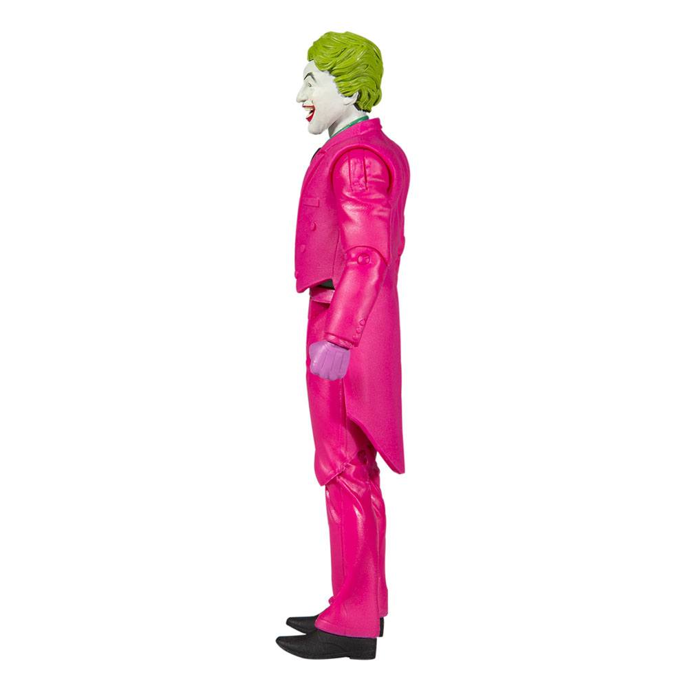 Side view of the 15 cm McFarlane DC Retro Batman 66 The Joker figure in a bright pink suit and green hair.