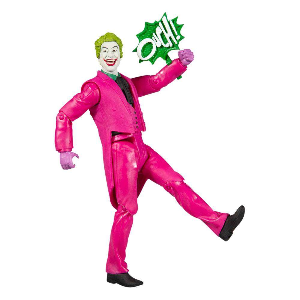 McFarlane DC Retro Batman 66 The Joker 15 cm action figure in a pink suit holding a green OUCH! speech bubble accessory.