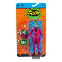 McFarlane DC Retro Batman 66 The Joker 15 cm action figure in blister packaging with Ouch! and Sock! speech bubble props.